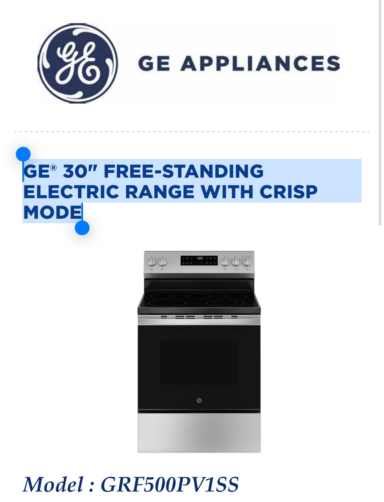 GE® 30" Free-Standing Electric Range with Crisp Mode
