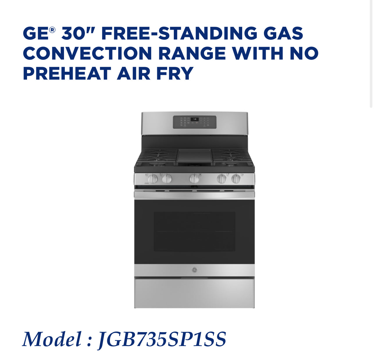 GE® 30" FREE-STANDING GAS CONVECTION RANGE WITH NO PREHEAT AIR FRY