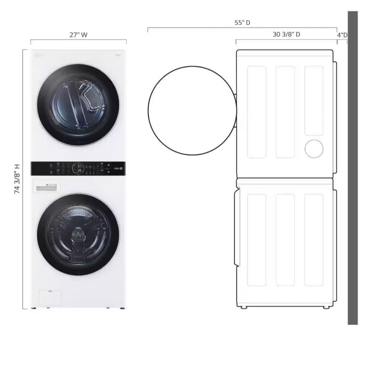 WashTower Stacked SMART Laundry Center 4.5 Cu.Ft. Front Load Washer & 7.4 Cu.Ft. Electric Dryer in White w/ Steam