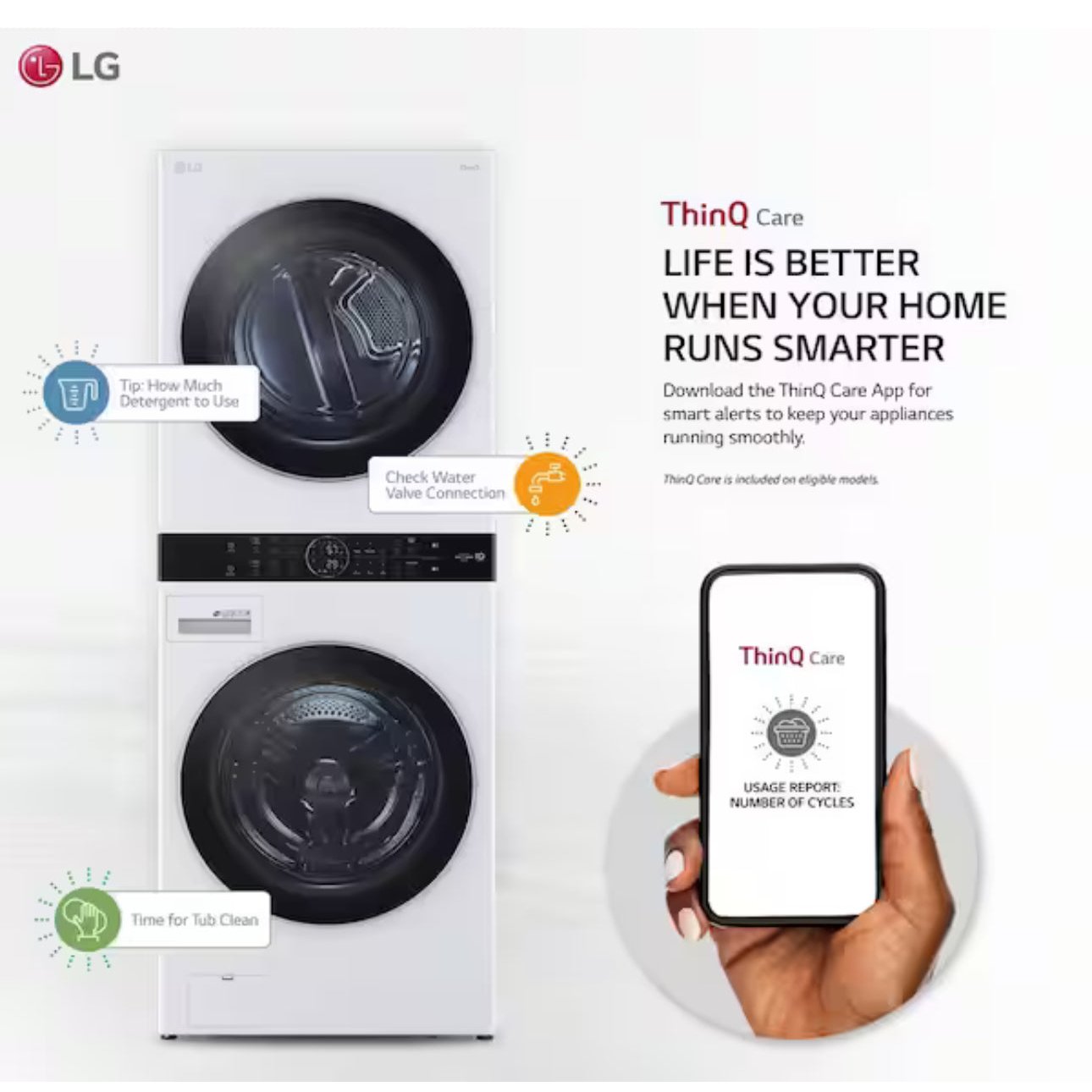 WashTower Stacked SMART Laundry Center 4.5 Cu.Ft. Front Load Washer & 7.4 Cu.Ft. Electric Dryer in White w/ Steam